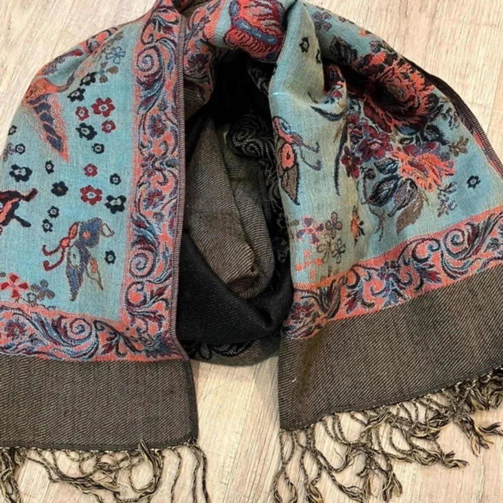Pashmina, Red, Blue and Olive Colorblock Scarf Butterfly Pattern